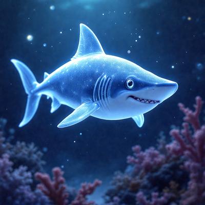 The primary subject of the image is a shark, which is the main object, scene, or focus of the image. The shark is depicted in a digital art style, with a blue and white color scheme. The setting or background of the image features a reef, with the shark swimming in the water. The overall atmosphere of the image is one of aquatic life and marine environments.